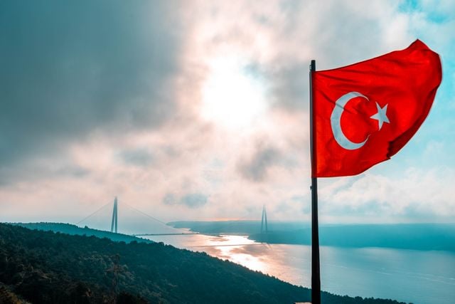 Turkish flag overlooking the Bosphorus, representing the country’s international name change to Türkiye.