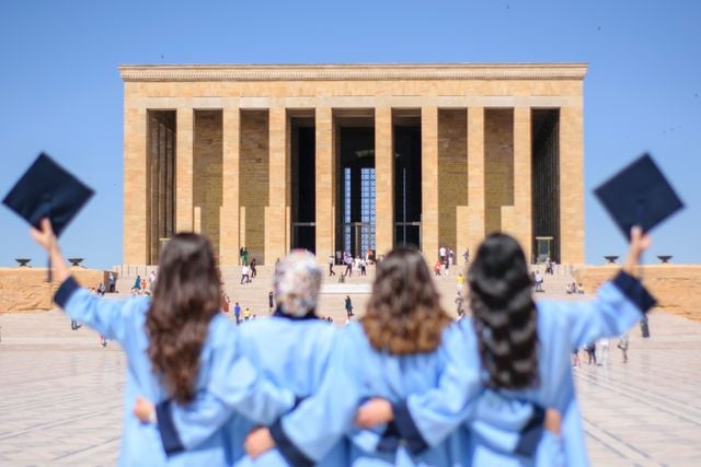 Turkish graduates celebrating outside Anıtkabir after completing their studies.