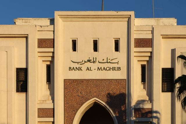 Bank Al-Maghrib building in Morocco with its name displayed in Arabic and French.