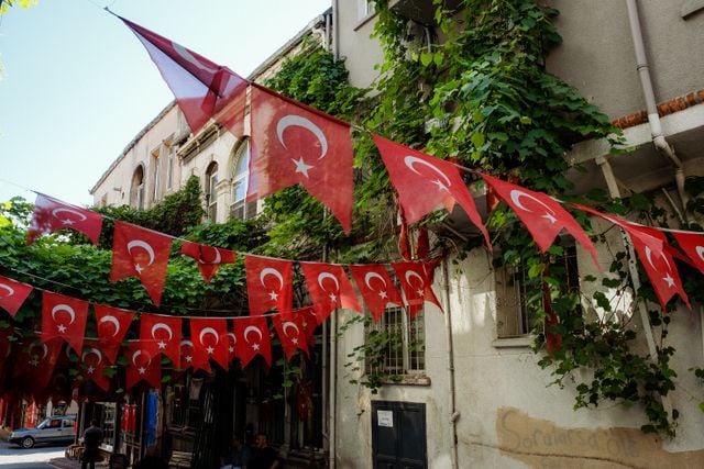 Turkish flags decorating a street in Türkiye, reflecting national identity and cultural pride.